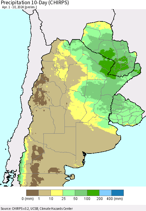 Southern South America Precipitation 10-Day (CHIRPS) Thematic Map For 4/1/2024 - 4/10/2024