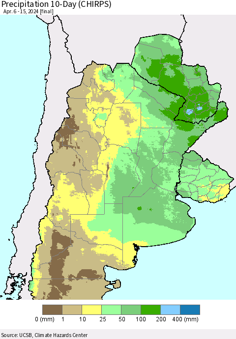 Southern South America Precipitation 10-Day (CHIRPS) Thematic Map For 4/6/2024 - 4/15/2024