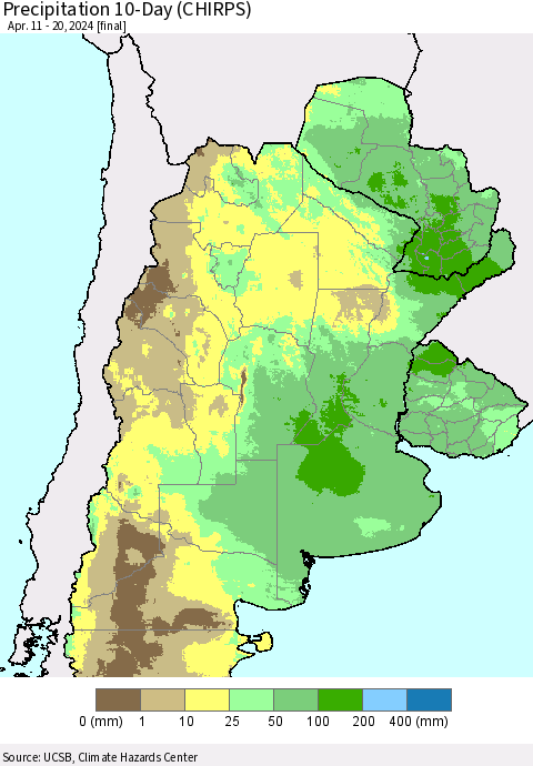 Southern South America Precipitation 10-Day (CHIRPS) Thematic Map For 4/11/2024 - 4/20/2024