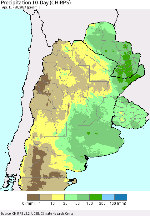 Southern South America Precipitation 10-Day (CHIRPS) Thematic Map For 4/11/2024 - 4/20/2024
