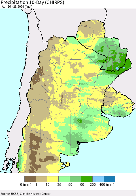 Southern South America Precipitation 10-Day (CHIRPS) Thematic Map For 4/16/2024 - 4/25/2024