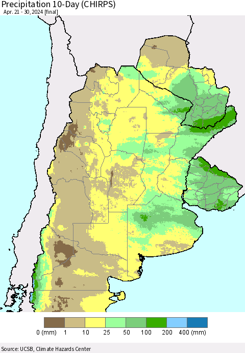 Southern South America Precipitation 10-Day (CHIRPS) Thematic Map For 4/21/2024 - 4/30/2024