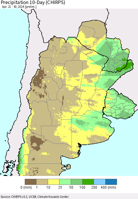 Southern South America Precipitation 10-Day (CHIRPS) Thematic Map For 4/21/2024 - 4/30/2024