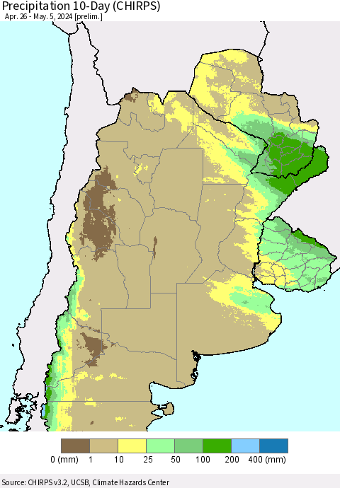 Southern South America Precipitation 10-Day (CHIRPS) Thematic Map For 4/26/2024 - 5/5/2024