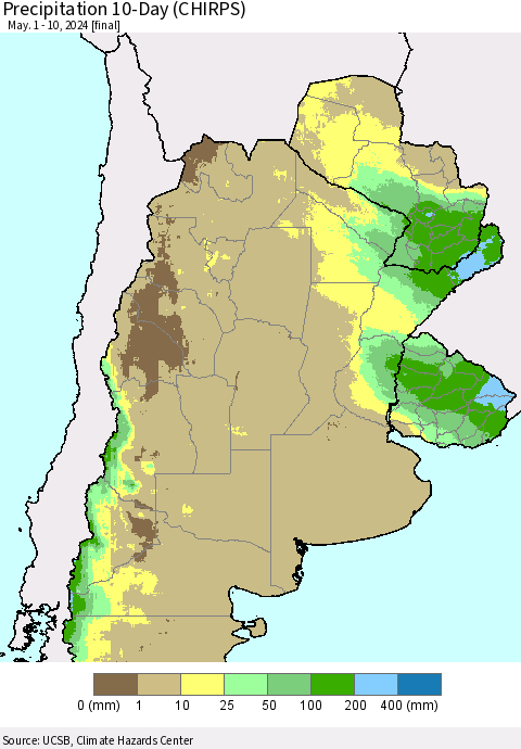 Southern South America Precipitation 10-Day (CHIRPS) Thematic Map For 5/1/2024 - 5/10/2024