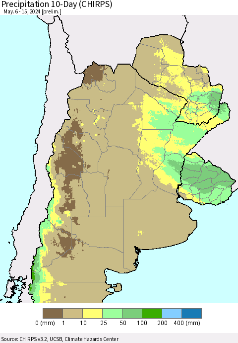 Southern South America Precipitation 10-Day (CHIRPS) Thematic Map For 5/6/2024 - 5/15/2024