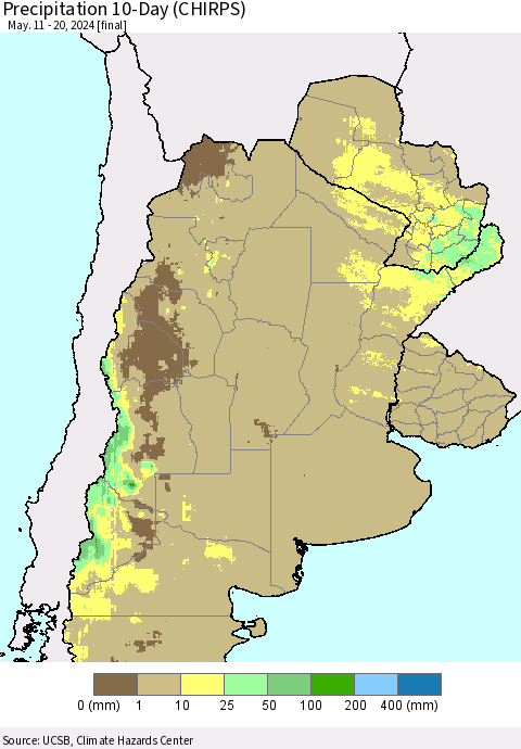 Southern South America Precipitation 10-Day (CHIRPS) Thematic Map For 5/11/2024 - 5/20/2024