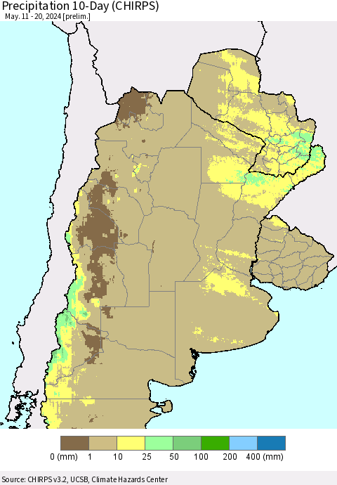 Southern South America Precipitation 10-Day (CHIRPS) Thematic Map For 5/11/2024 - 5/20/2024