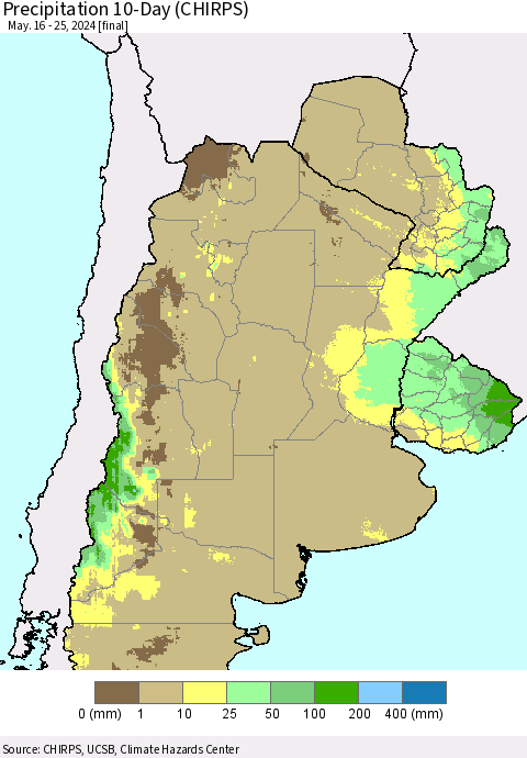 Southern South America Precipitation 10-Day (CHIRPS) Thematic Map For 5/16/2024 - 5/25/2024