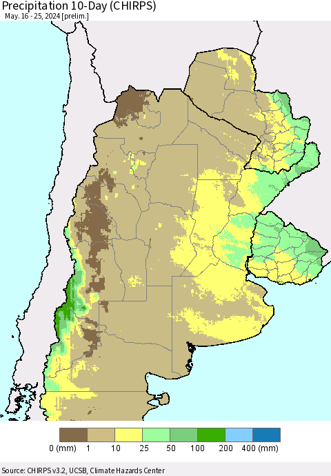 Southern South America Precipitation 10-Day (CHIRPS) Thematic Map For 5/16/2024 - 5/25/2024