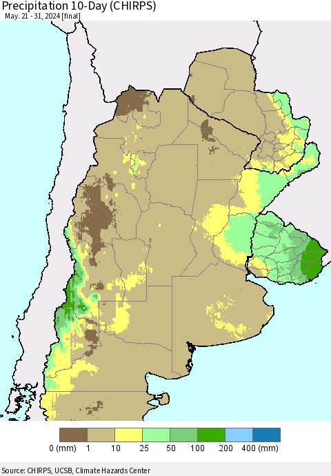 Southern South America Precipitation 10-Day (CHIRPS) Thematic Map For 5/21/2024 - 5/31/2024