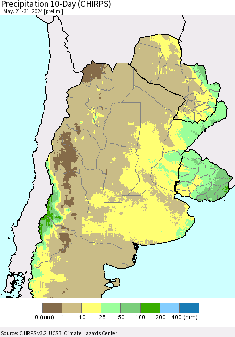 Southern South America Precipitation 10-Day (CHIRPS) Thematic Map For 5/21/2024 - 5/31/2024