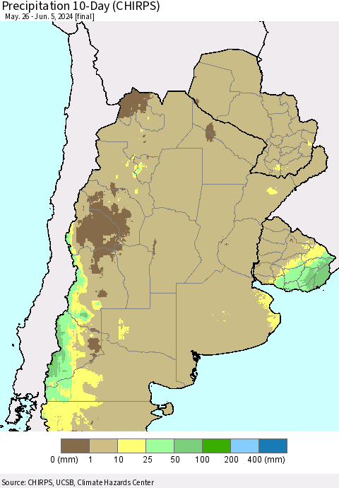 Southern South America Precipitation 10-Day (CHIRPS) Thematic Map For 5/26/2024 - 6/5/2024