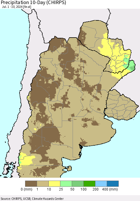 Southern South America Precipitation 10-Day (CHIRPS) Thematic Map For 7/1/2024 - 7/10/2024