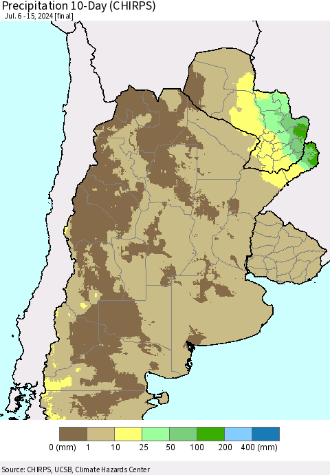 Southern South America Precipitation 10-Day (CHIRPS) Thematic Map For 7/6/2024 - 7/15/2024