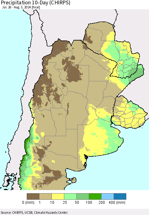 Southern South America Precipitation 10-Day (CHIRPS) Thematic Map For 7/26/2024 - 8/5/2024