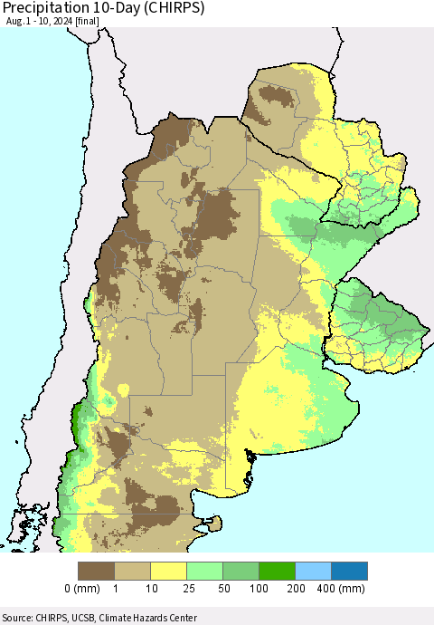 Southern South America Precipitation 10-Day (CHIRPS) Thematic Map For 8/1/2024 - 8/10/2024