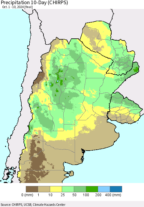 Southern South America Precipitation 10-Day (CHIRPS) Thematic Map For 10/1/2024 - 10/10/2024