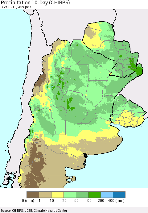 Southern South America Precipitation 10-Day (CHIRPS) Thematic Map For 10/6/2024 - 10/15/2024