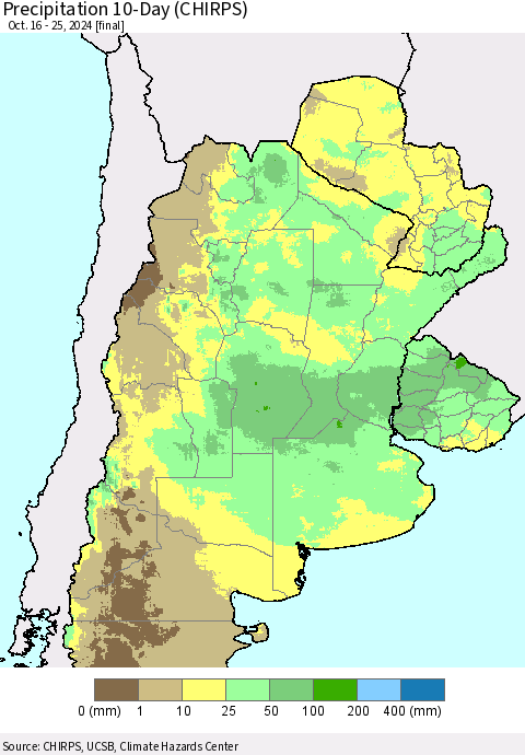 Southern South America Precipitation 10-Day (CHIRPS) Thematic Map For 10/16/2024 - 10/25/2024