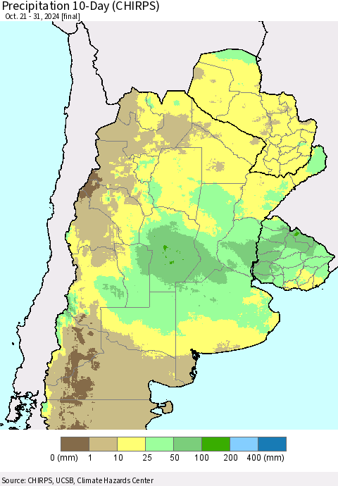 Southern South America Precipitation 10-Day (CHIRPS) Thematic Map For 10/21/2024 - 10/31/2024
