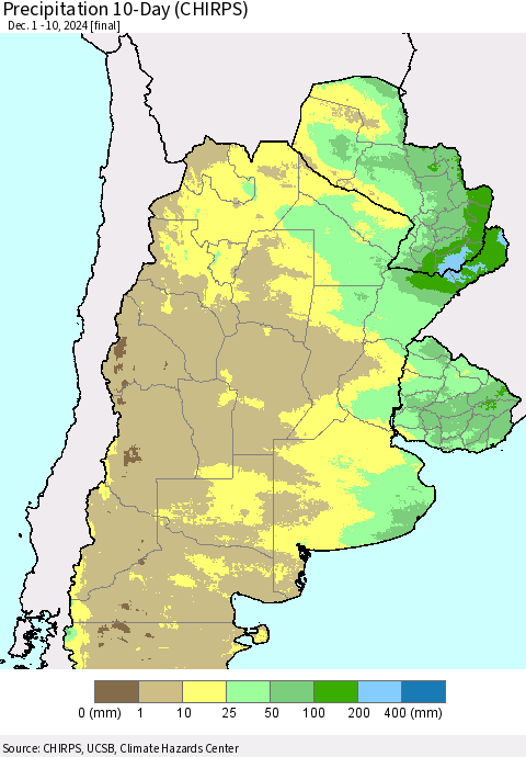 Southern South America Precipitation 10-Day (CHIRPS) Thematic Map For 12/1/2024 - 12/10/2024