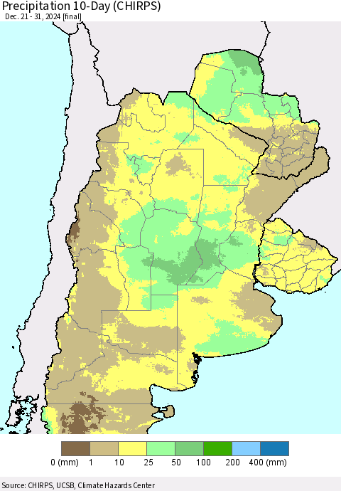 Southern South America Precipitation 10-Day (CHIRPS) Thematic Map For 12/21/2024 - 12/31/2024