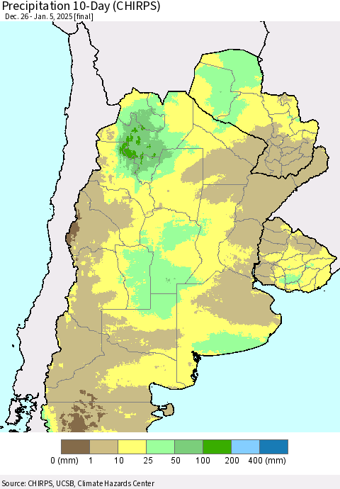 Southern South America Precipitation 10-Day (CHIRPS) Thematic Map For 12/26/2024 - 1/5/2025
