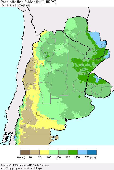Southern South America Precipitation 3-Month (CHIRPS) Thematic Map For 10/6/2019 - 1/5/2020