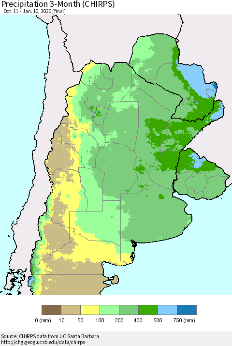 Southern South America Precipitation 3-Month (CHIRPS) Thematic Map For 10/11/2019 - 1/10/2020