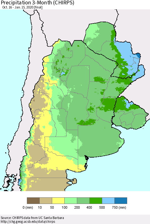 Southern South America Precipitation 3-Month (CHIRPS) Thematic Map For 10/16/2019 - 1/15/2020