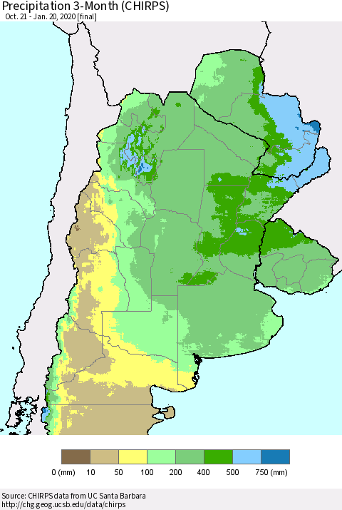 Southern South America Precipitation 3-Month (CHIRPS) Thematic Map For 10/21/2019 - 1/20/2020