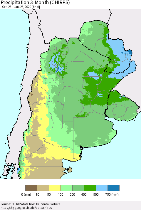 Southern South America Precipitation 3-Month (CHIRPS) Thematic Map For 10/26/2019 - 1/25/2020