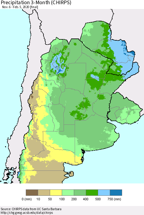 Southern South America Precipitation 3-Month (CHIRPS) Thematic Map For 11/6/2019 - 2/5/2020