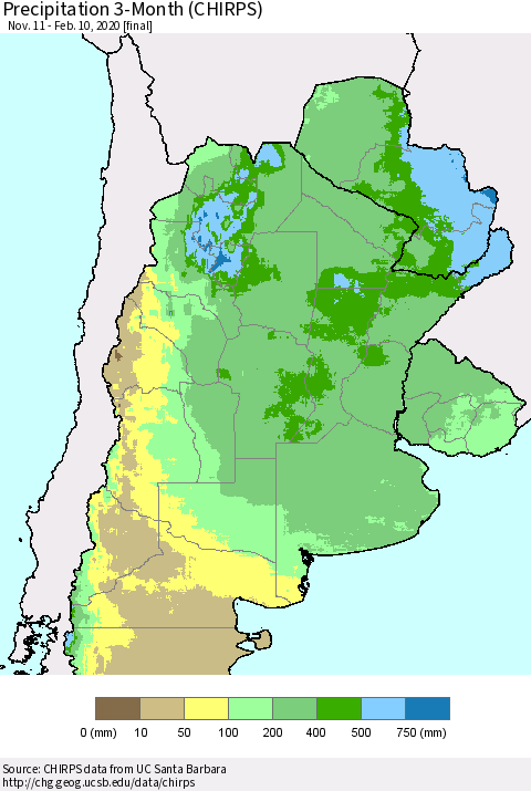 Southern South America Precipitation 3-Month (CHIRPS) Thematic Map For 11/11/2019 - 2/10/2020