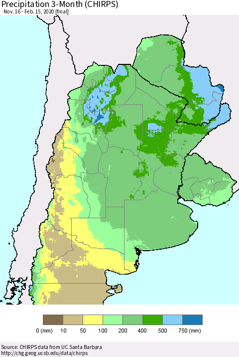 Southern South America Precipitation 3-Month (CHIRPS) Thematic Map For 11/16/2019 - 2/15/2020