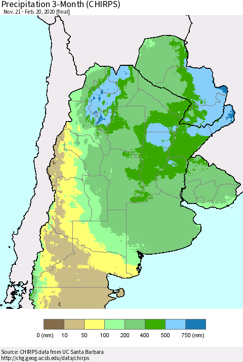 Southern South America Precipitation 3-Month (CHIRPS) Thematic Map For 11/21/2019 - 2/20/2020
