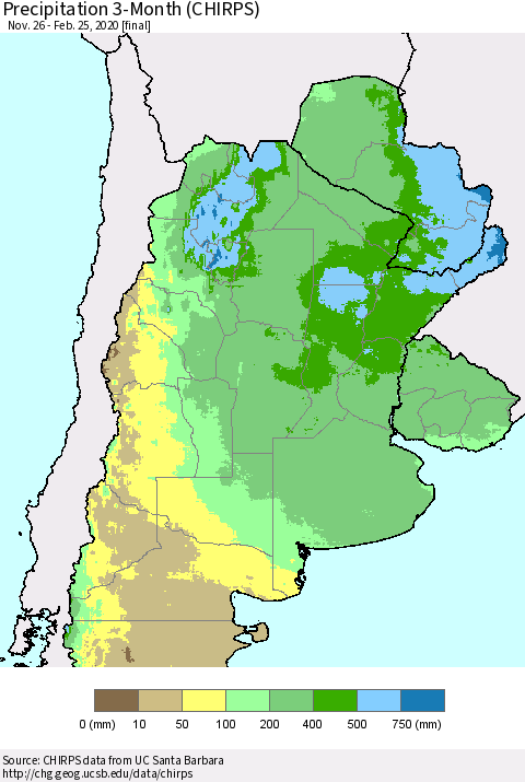 Southern South America Precipitation 3-Month (CHIRPS) Thematic Map For 11/26/2019 - 2/25/2020