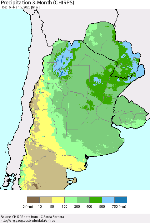 Southern South America Precipitation 3-Month (CHIRPS) Thematic Map For 12/6/2019 - 3/5/2020