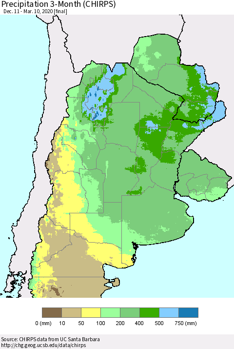 Southern South America Precipitation 3-Month (CHIRPS) Thematic Map For 12/11/2019 - 3/10/2020
