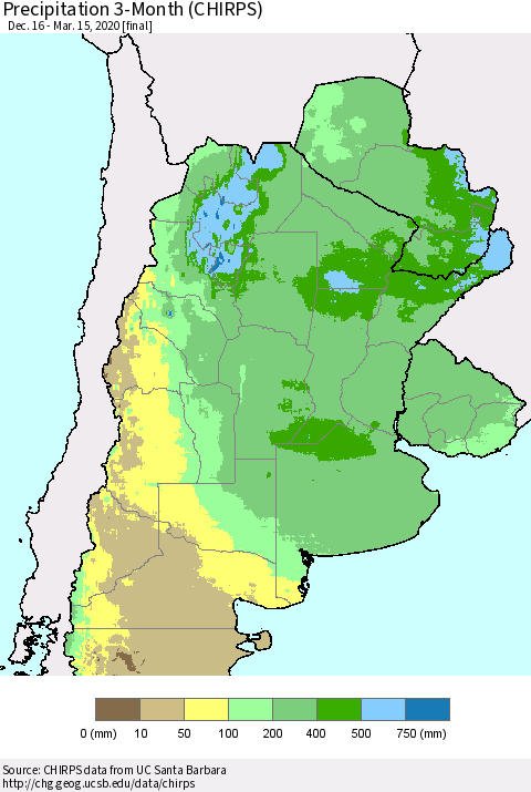 Southern South America Precipitation 3-Month (CHIRPS) Thematic Map For 12/16/2019 - 3/15/2020