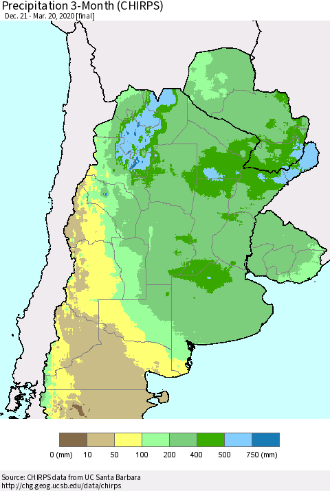 Southern South America Precipitation 3-Month (CHIRPS) Thematic Map For 12/21/2019 - 3/20/2020