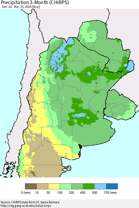 Southern South America Precipitation 3-Month (CHIRPS) Thematic Map For 12/26/2019 - 3/25/2020