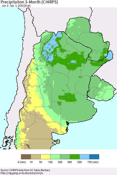 Southern South America Precipitation 3-Month (CHIRPS) Thematic Map For 1/6/2020 - 4/5/2020