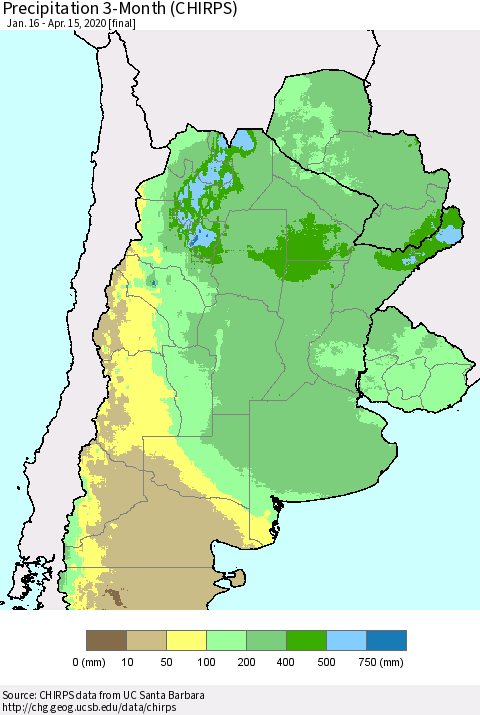 Southern South America Precipitation 3-Month (CHIRPS) Thematic Map For 1/16/2020 - 4/15/2020