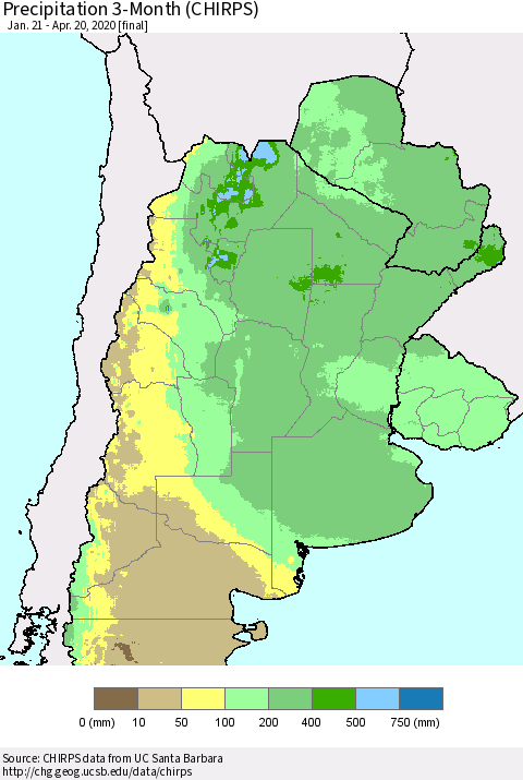 Southern South America Precipitation 3-Month (CHIRPS) Thematic Map For 1/21/2020 - 4/20/2020