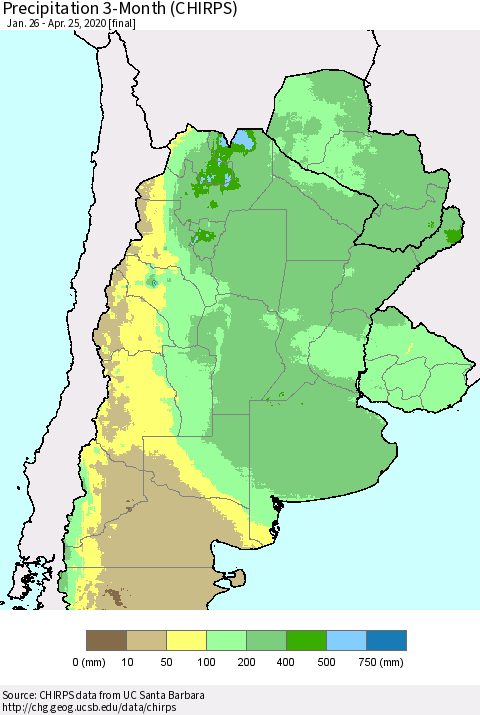 Southern South America Precipitation 3-Month (CHIRPS) Thematic Map For 1/26/2020 - 4/25/2020