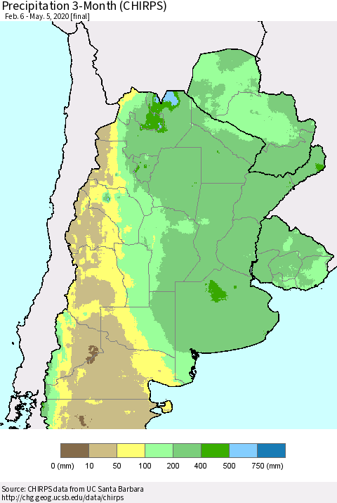 Southern South America Precipitation 3-Month (CHIRPS) Thematic Map For 2/6/2020 - 5/5/2020