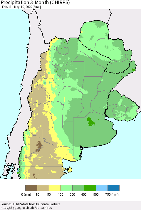 Southern South America Precipitation 3-Month (CHIRPS) Thematic Map For 2/11/2020 - 5/10/2020