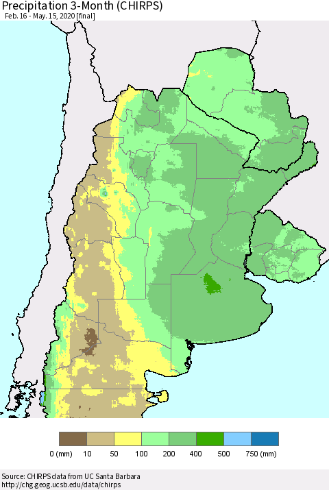 Southern South America Precipitation 3-Month (CHIRPS) Thematic Map For 2/16/2020 - 5/15/2020